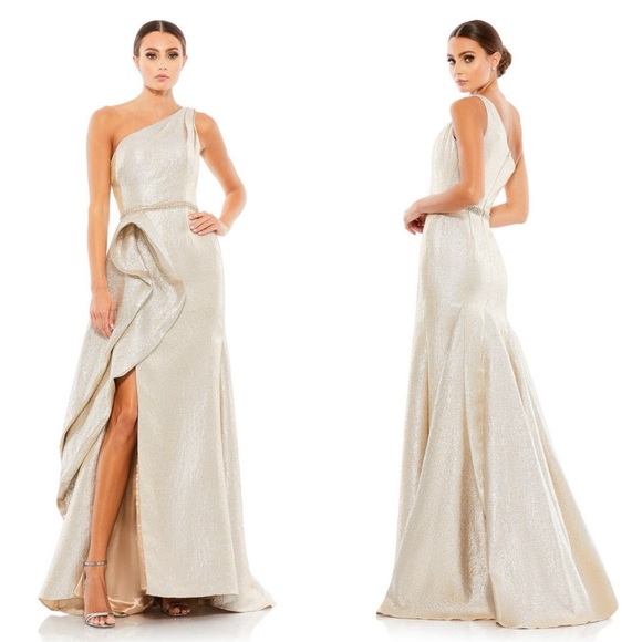Mac Duggal One Shoulder Gold Dress